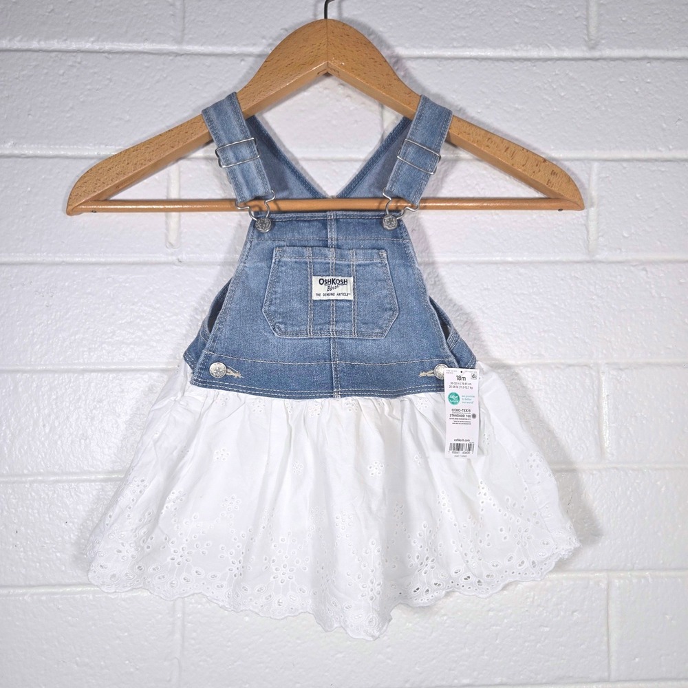 New OshKosh B'gosh Eyelet Overall Dress Cottage Cotton Girlie Boho Baby 18 Month